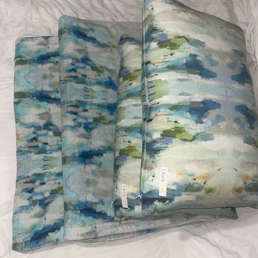 Laura park Blue and Green pillow and blanket set